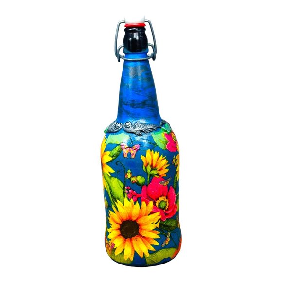 Hand Painted, Decoupaged and Molded Clay Grolsch-Style Bottle Poppy & Sunflowers - Picture 3 of 16